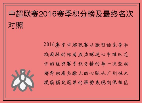 中超联赛2016赛季积分榜及最终名次对照