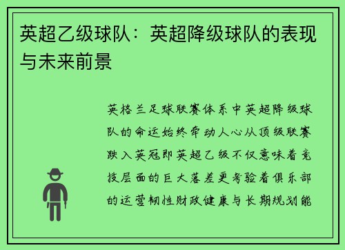 英超乙级球队：英超降级球队的表现与未来前景