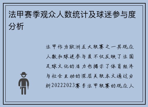 法甲赛季观众人数统计及球迷参与度分析
